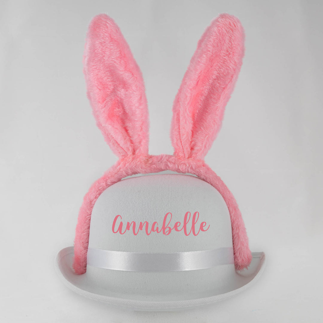 White Felt Easter Hat with Pink Fluffy Bunny Ears