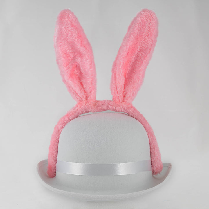 White Felt Easter Hat with Pink Fluffy Bunny Ears