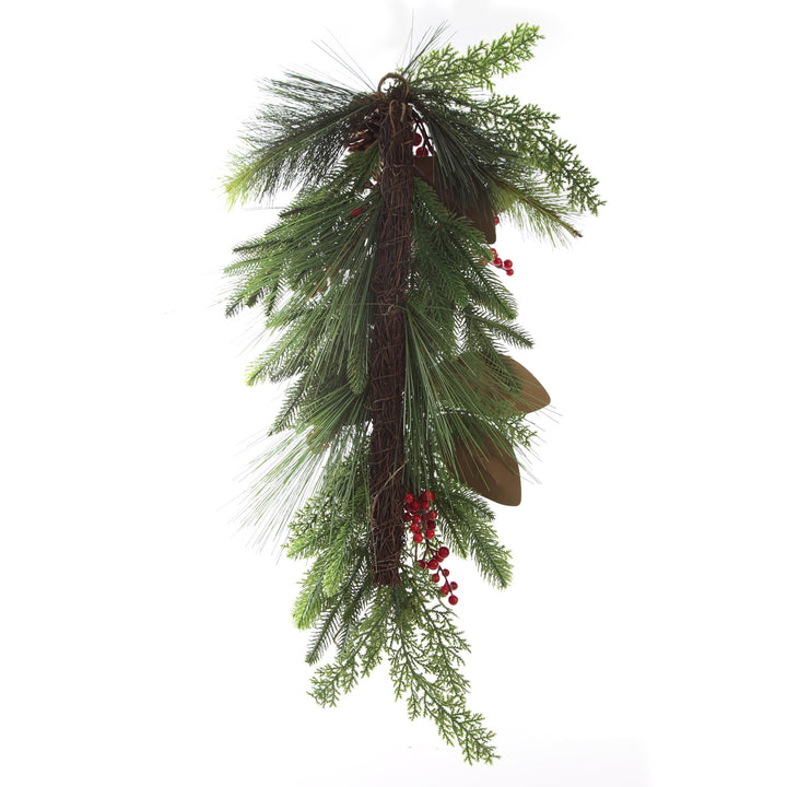 Pinecone and Red Berry Mixed Leaf Christmas Teardrop Swag