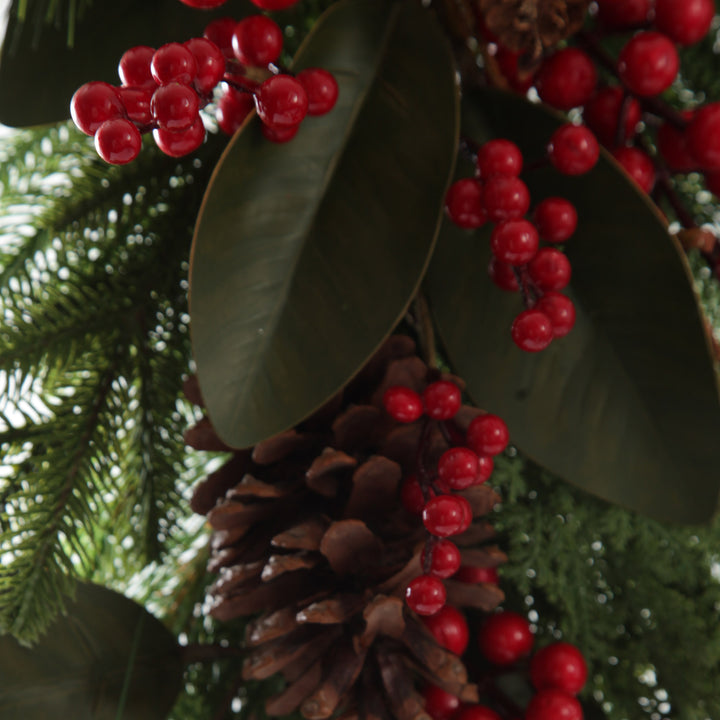 Pinecone and Red Berry Mixed Leaf Christmas Teardrop Swag
