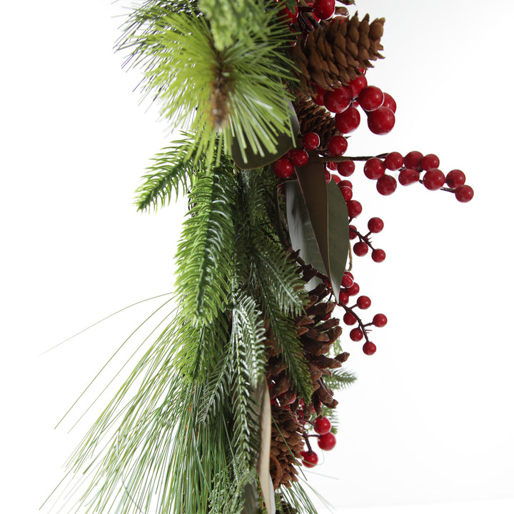 Pinecone and Red Berry Mixed Leaf Christmas Teardrop Swag