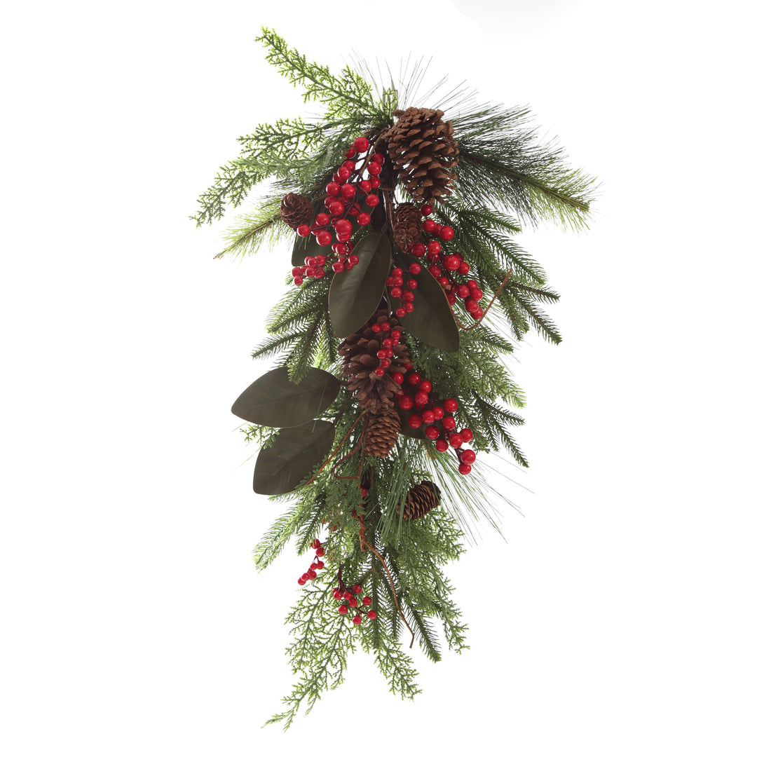 Pinecone and Red Berry Mixed Leaf Christmas Teardrop Swag