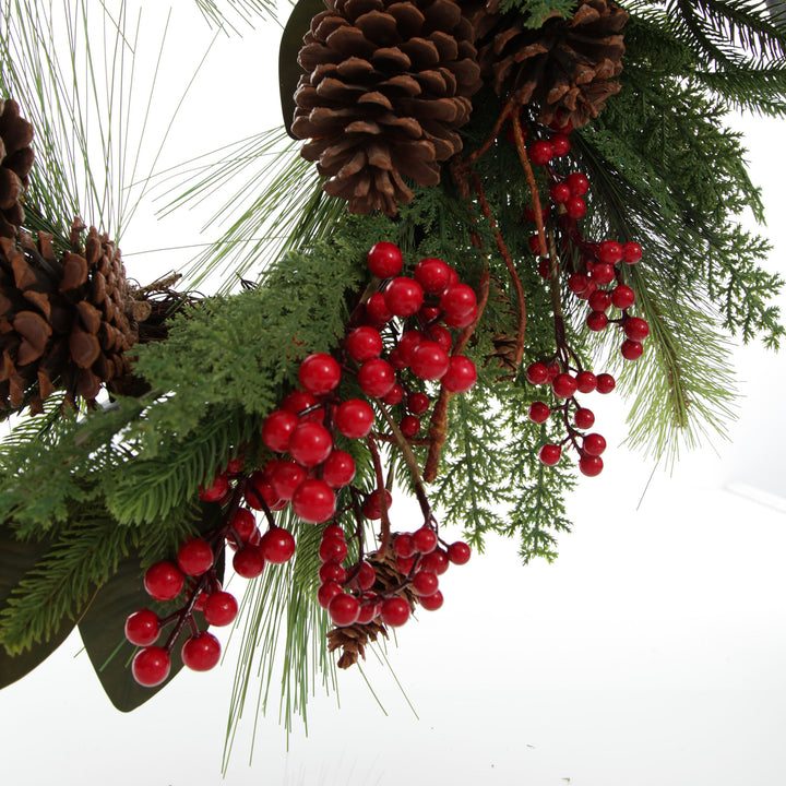 Pinecone and Red Berry Mixed Leaf Christmas Wreath