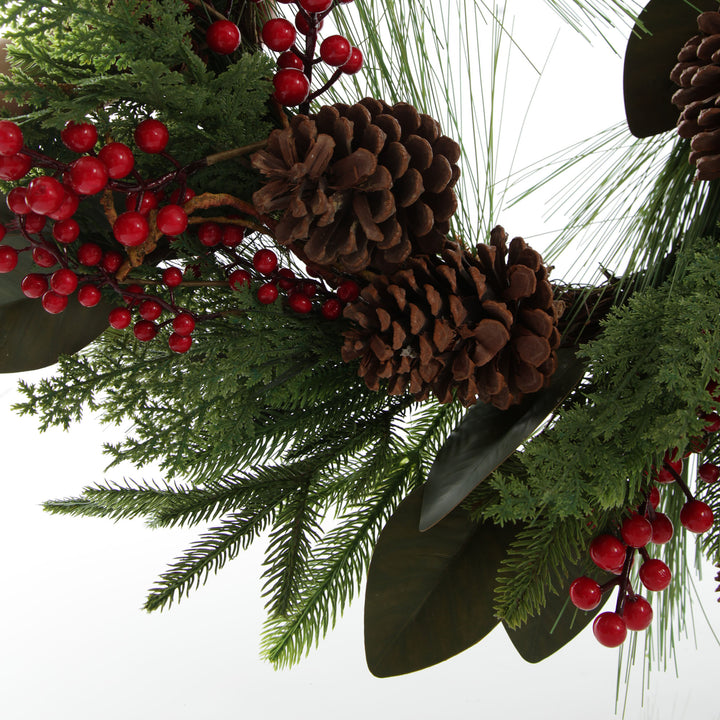 Pinecone and Red Berry Mixed Leaf Christmas Wreath