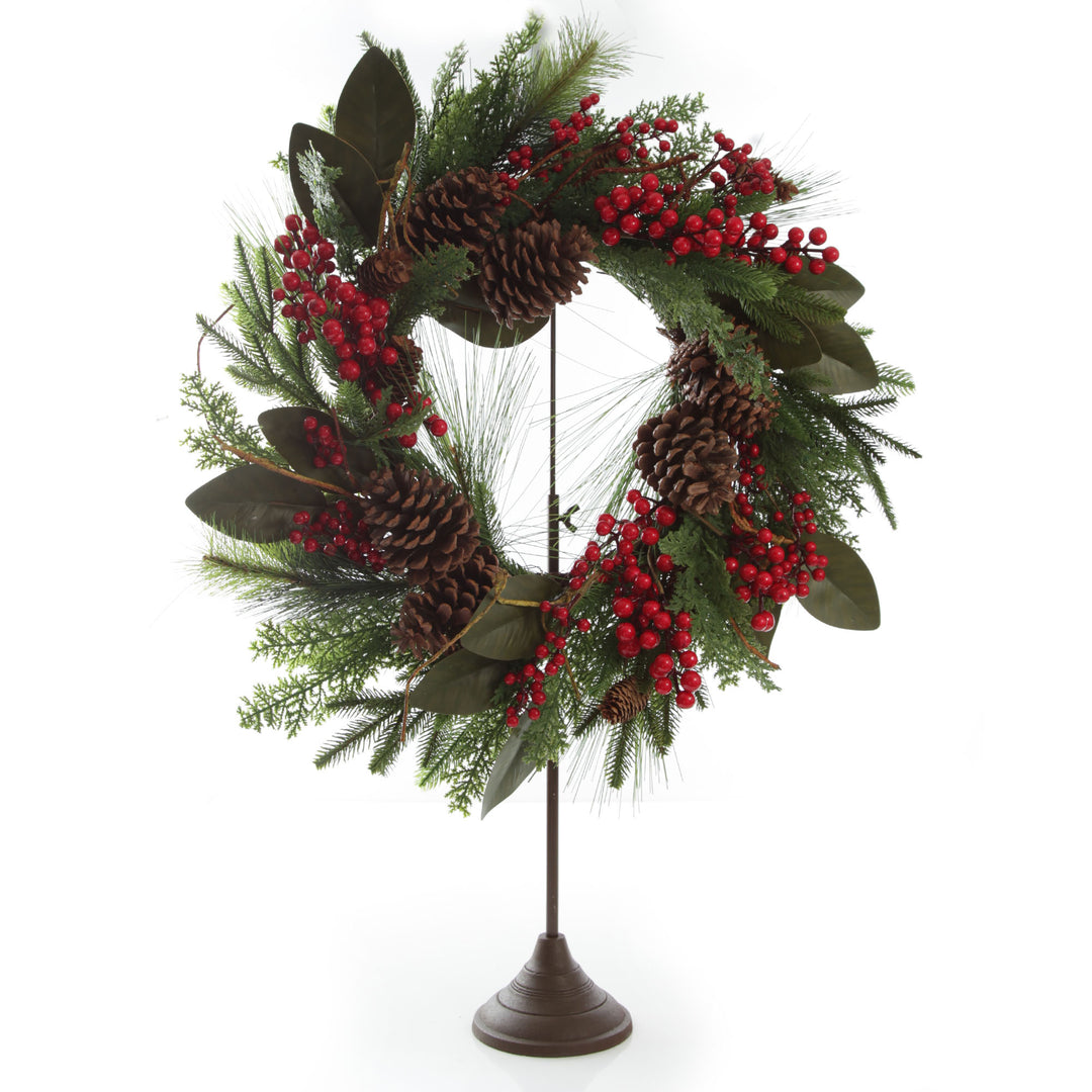 Pinecone and Red Berry Mixed Leaf Christmas Wreath