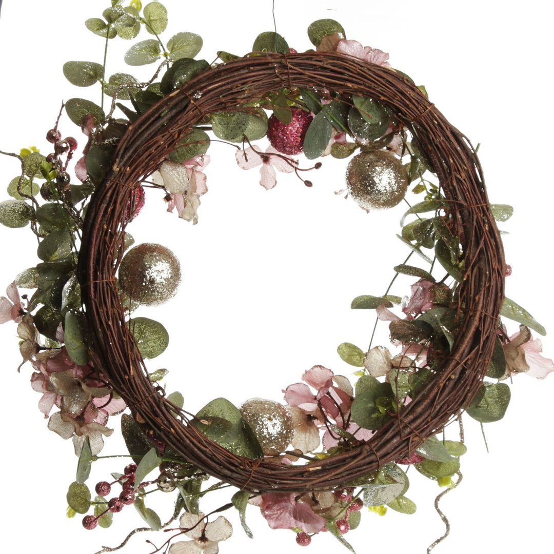 Pink and Champagne Glitter Ball Floral Christmas Wreath Back detail