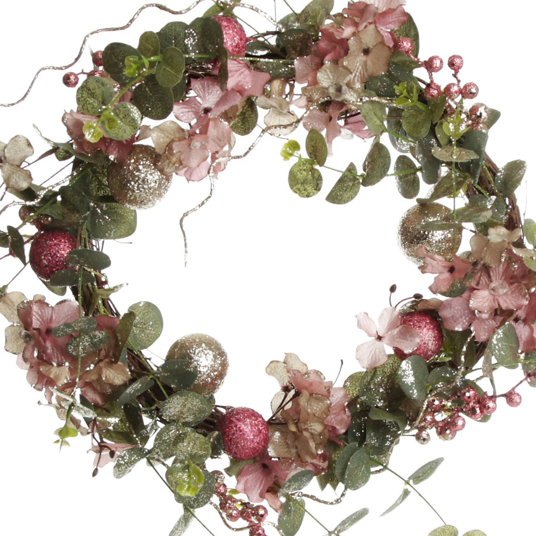 Pink and Champagne Glitter Ball Floral Christmas Wreath Close up