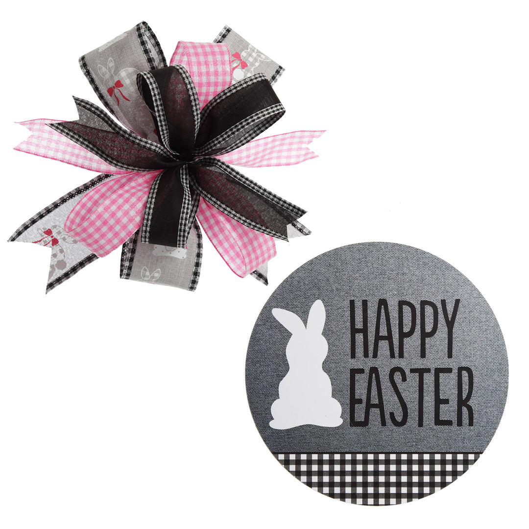 Grey and Pink Gingham Happy Easter Plaque and Bow Set