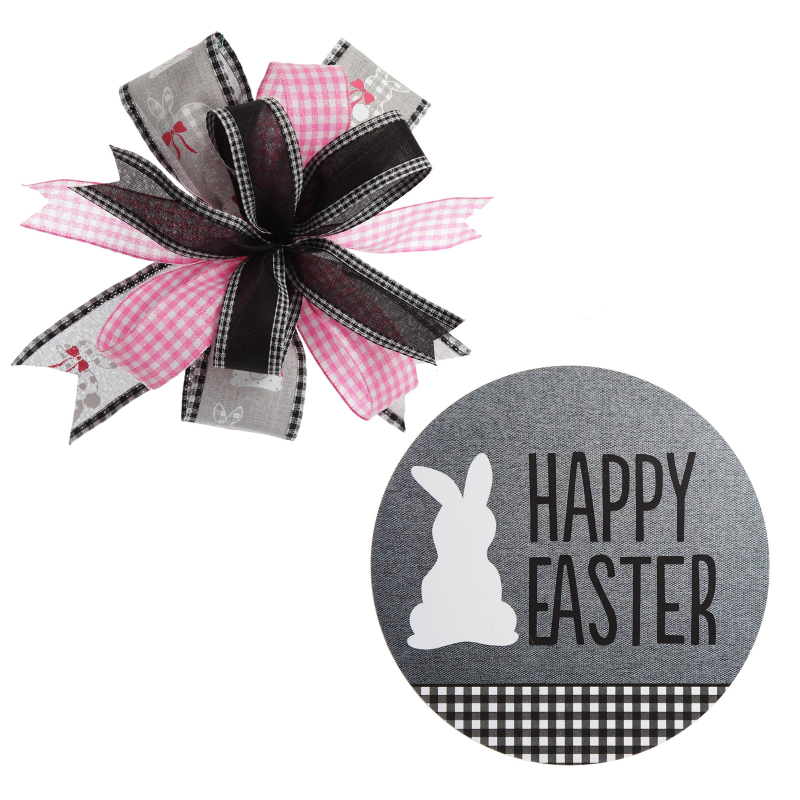 Grey and Pink Gingham Happy Easter Plaque and Bow Set