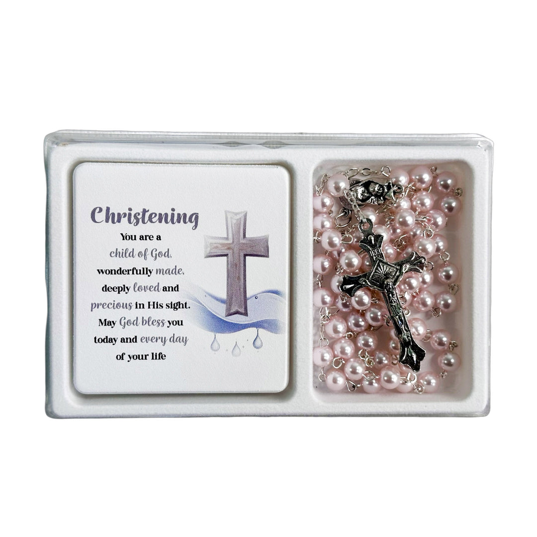 Pink Christening Rosary and Blessing Plaque Set