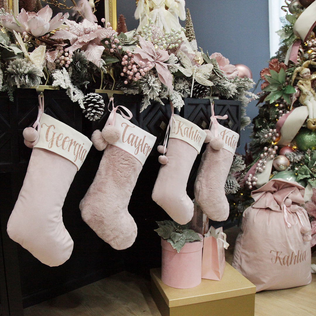 Personalised Pink Fur Christmas Stocking with Pom Poms