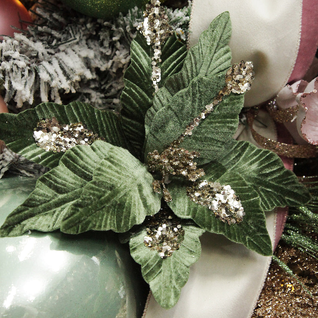 Green Velvet with Gold Sequins Poinsettia Flower Stem