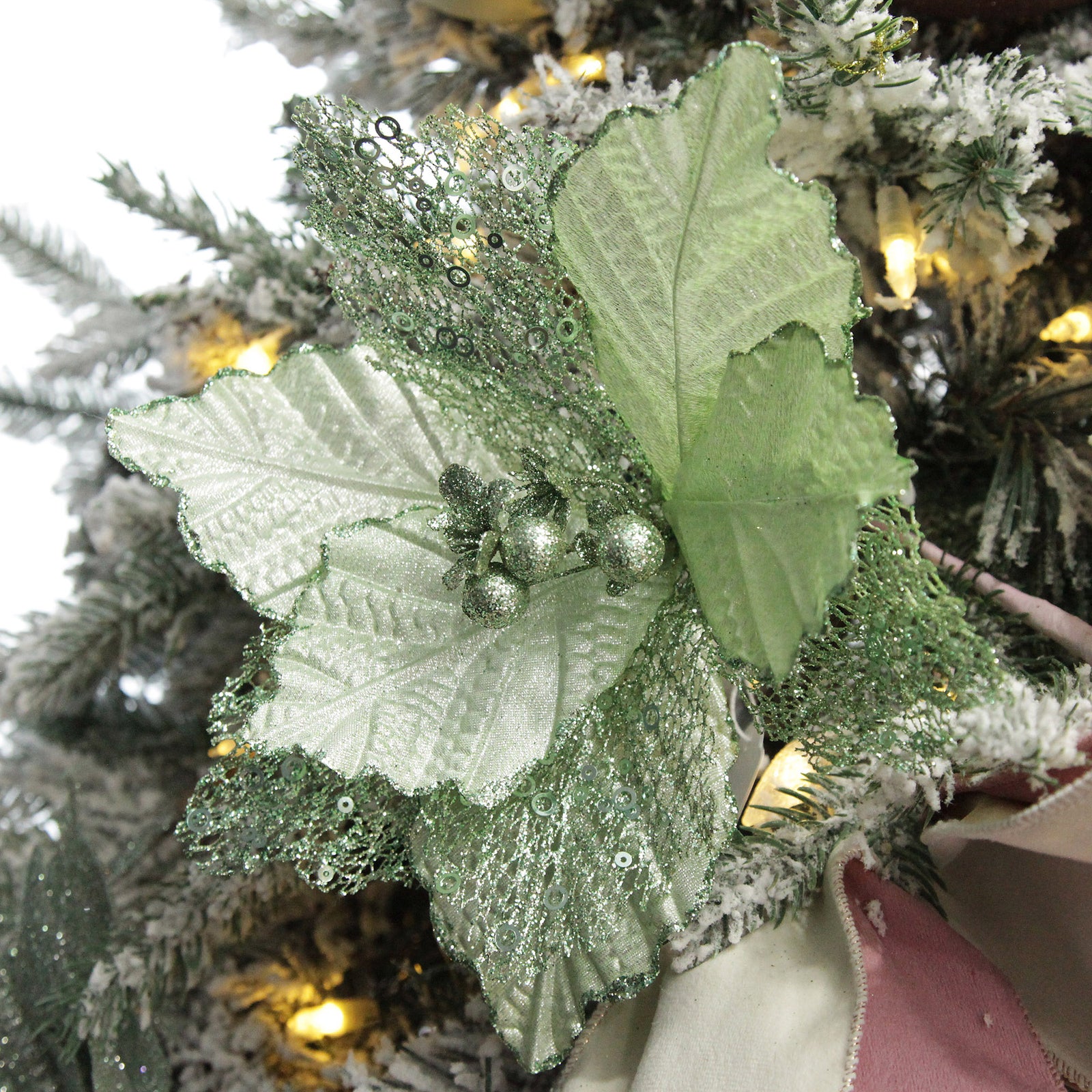 Mesh and Shiny Mint Poinsettia Flower Clip