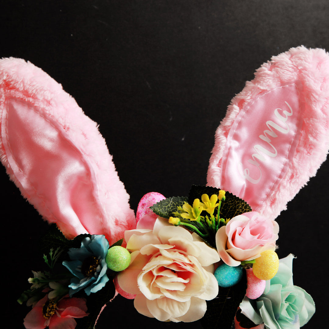 Personalised Easter Hunt Pink Floral Bunny Ears Easter Headband and Bucket Pack