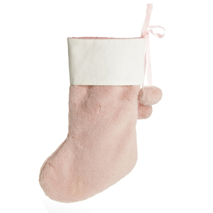 Personalised Pink Fur Christmas Stocking with Pom Poms