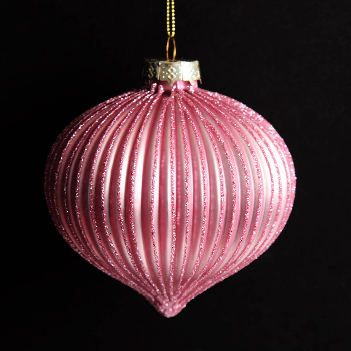 Pink Glass Ribbed Onion Christmas Bauble