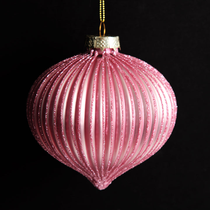 Pink Glass Ribbed Onion Christmas Bauble