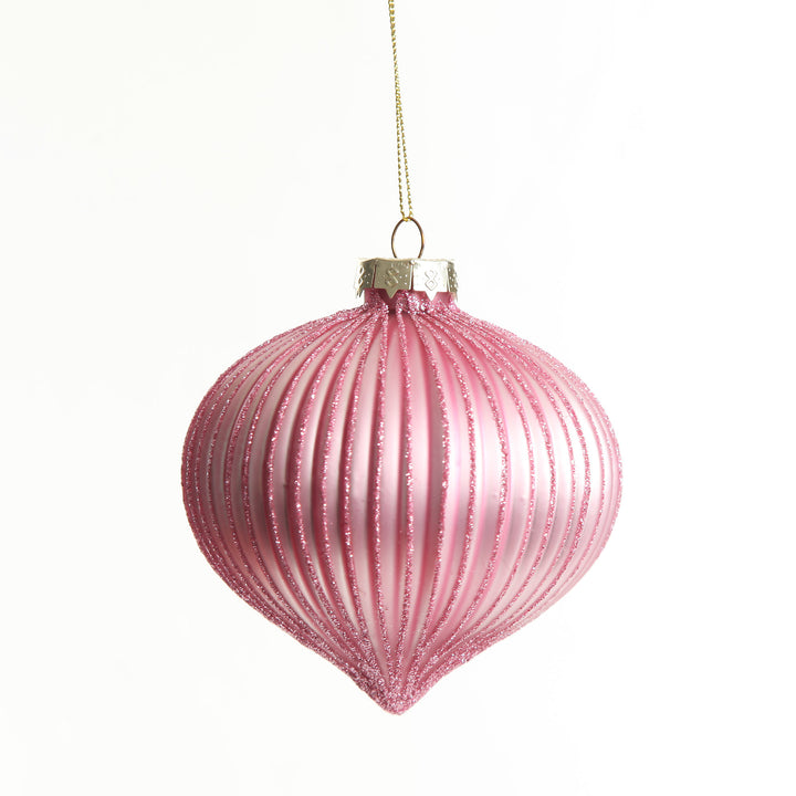 Pink Glass Ribbed Onion Christmas Bauble 10cm
