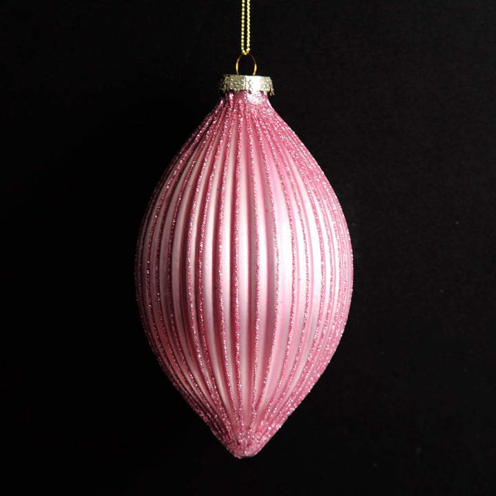 Pink Glass Ribbed Teardrop Christmas Bauble