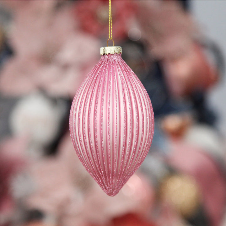 Pink Glass Ribbed Teardrop Christmas Bauble