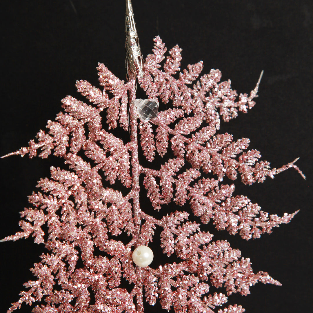 Pink Glitter Fern and Pearl Christmas Tree Decoration