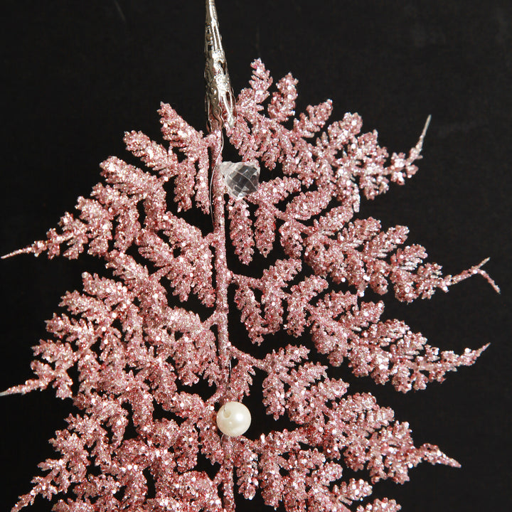 Pink Glitter Fern and Pearl Christmas Tree Decoration