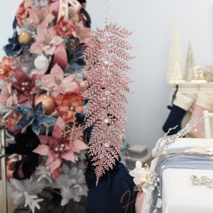Pink Glitter Fern and Pearl Christmas Tree Decoration