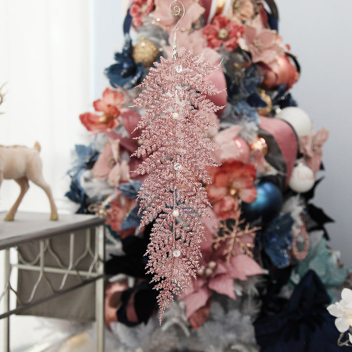 Pink Glitter Fern and Pearl Christmas Tree Decoration