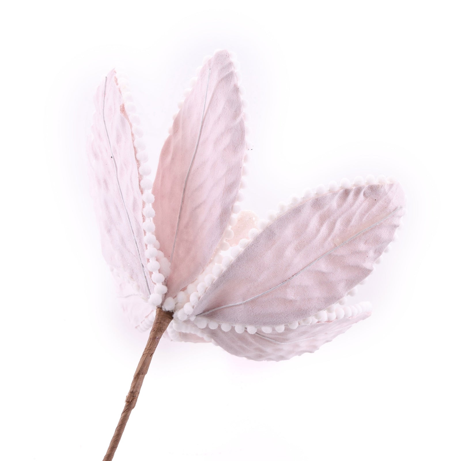 Pink Poinsettia Flower Stem with White Pom Pom Trim