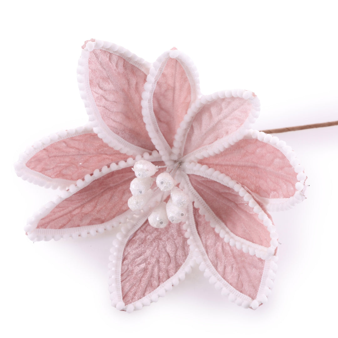 Pink Poinsettia Flower Stem with White Pom Pom Trim