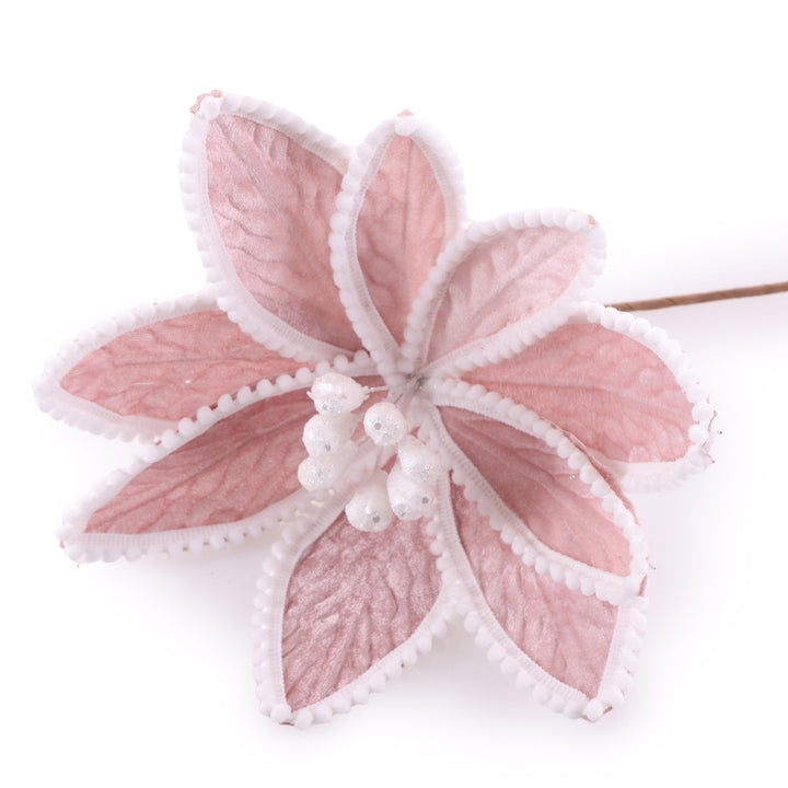 Pink Poinsettia Flower Stem with White Pom Pom Trim