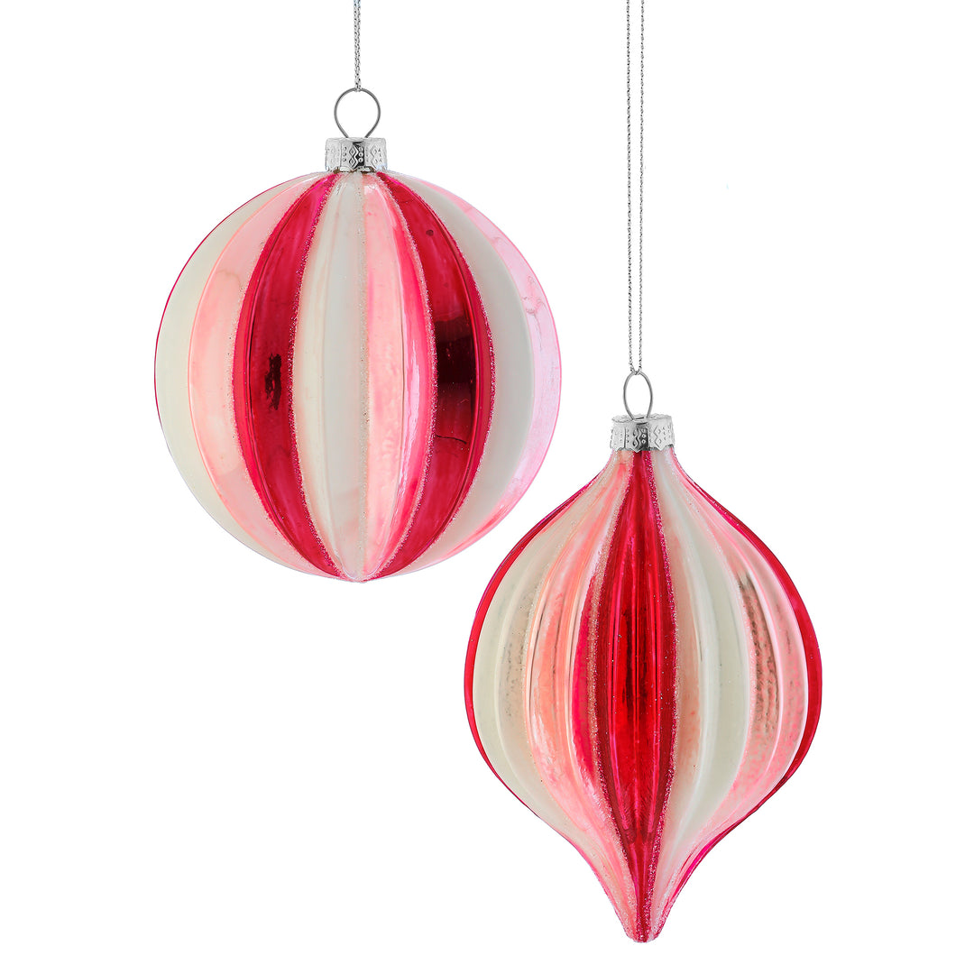 Pink Red &amp; White Glass Bauble - Set of 2