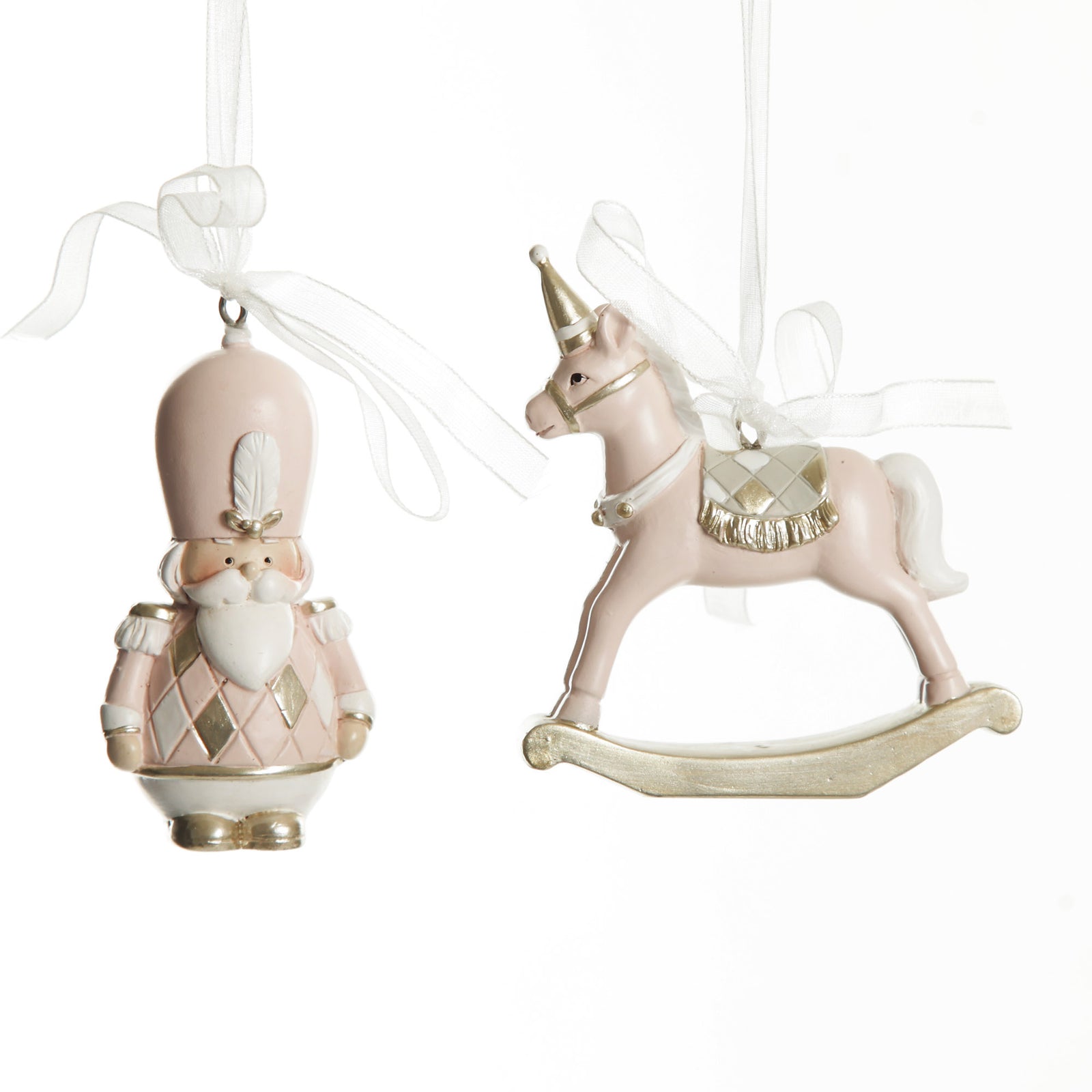 Adorable Pink Rocking Horse and Nutcracker Christmas Decoration - Set of 2