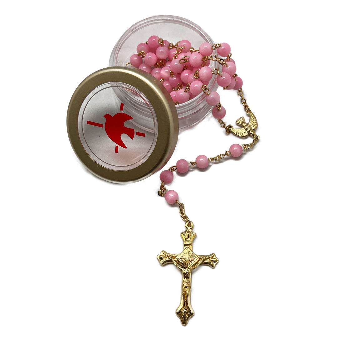 Confirmation Pink Rosary in Tin