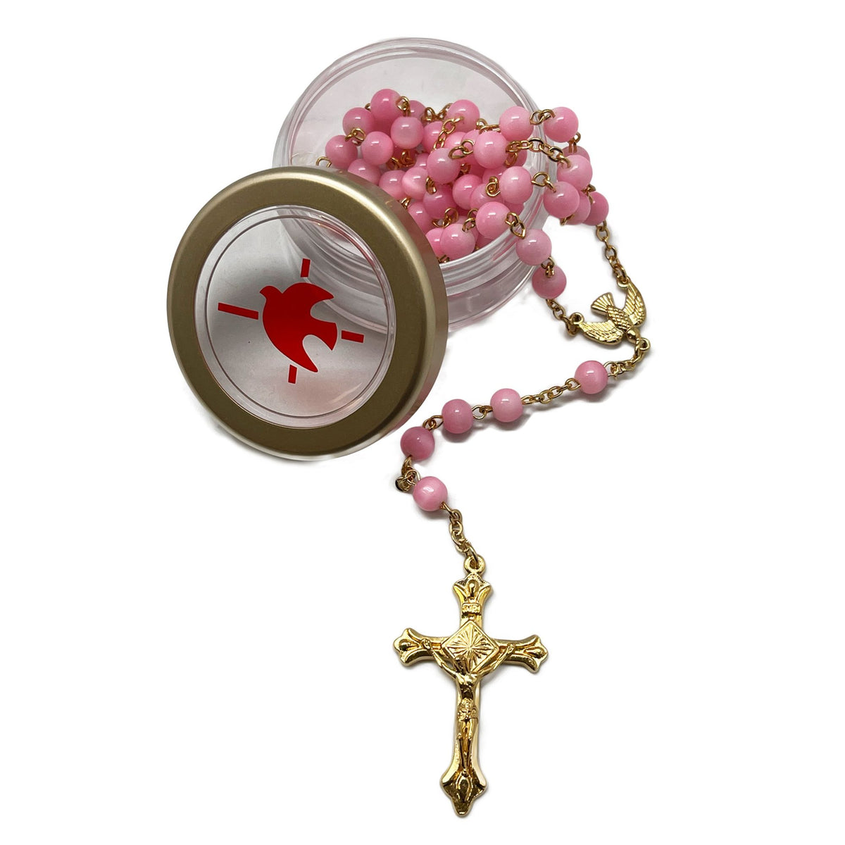 Confirmation Pink Rosary in Tin