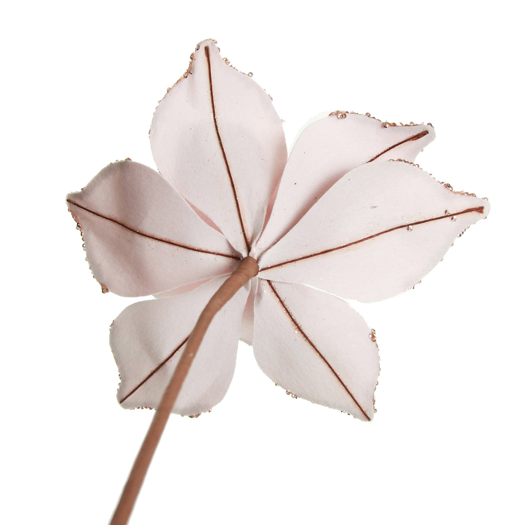 Pink Velour Poinsettia Flower Stem with Glitter Edge