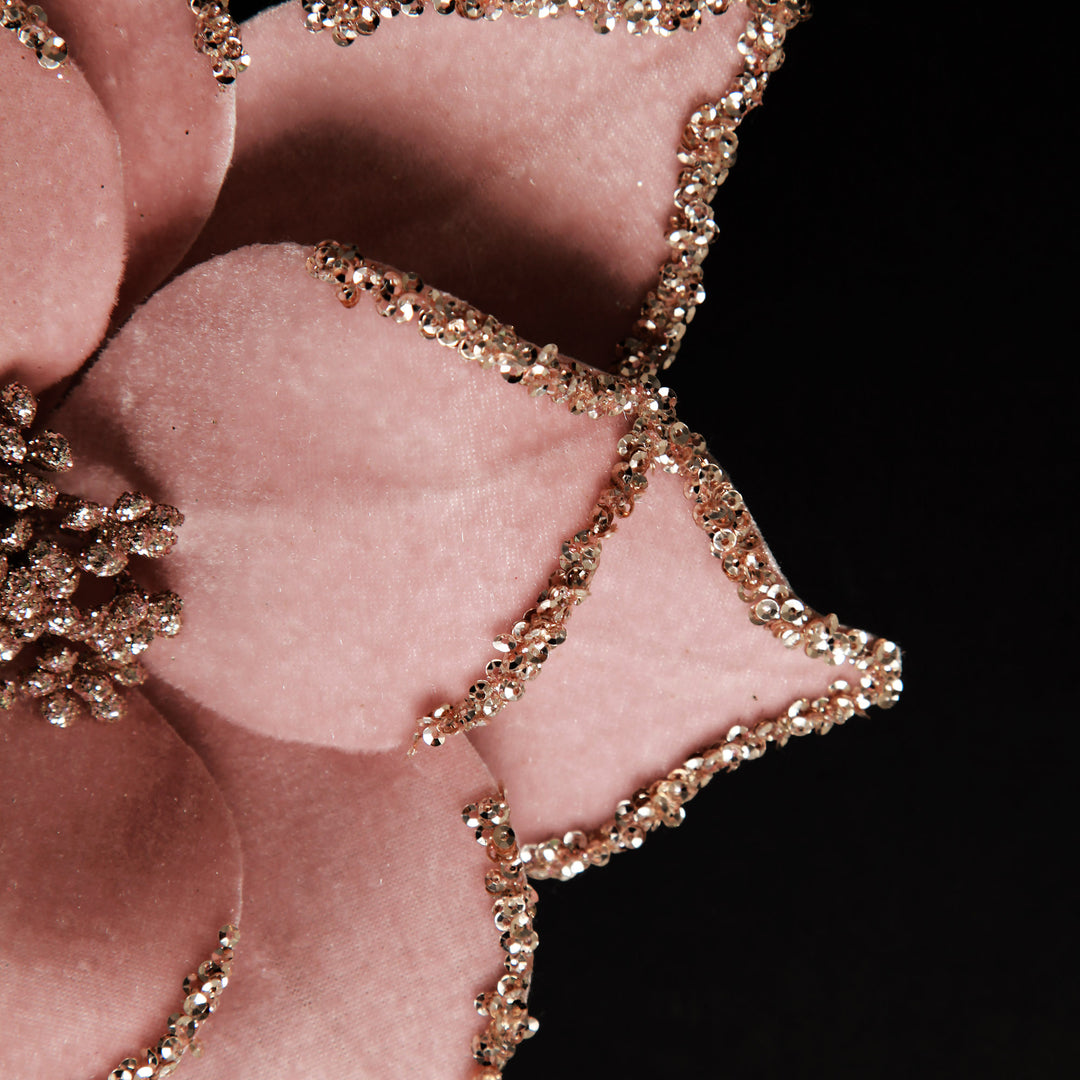 Pink Velour Poinsettia Flower Stem with Glitter Edge