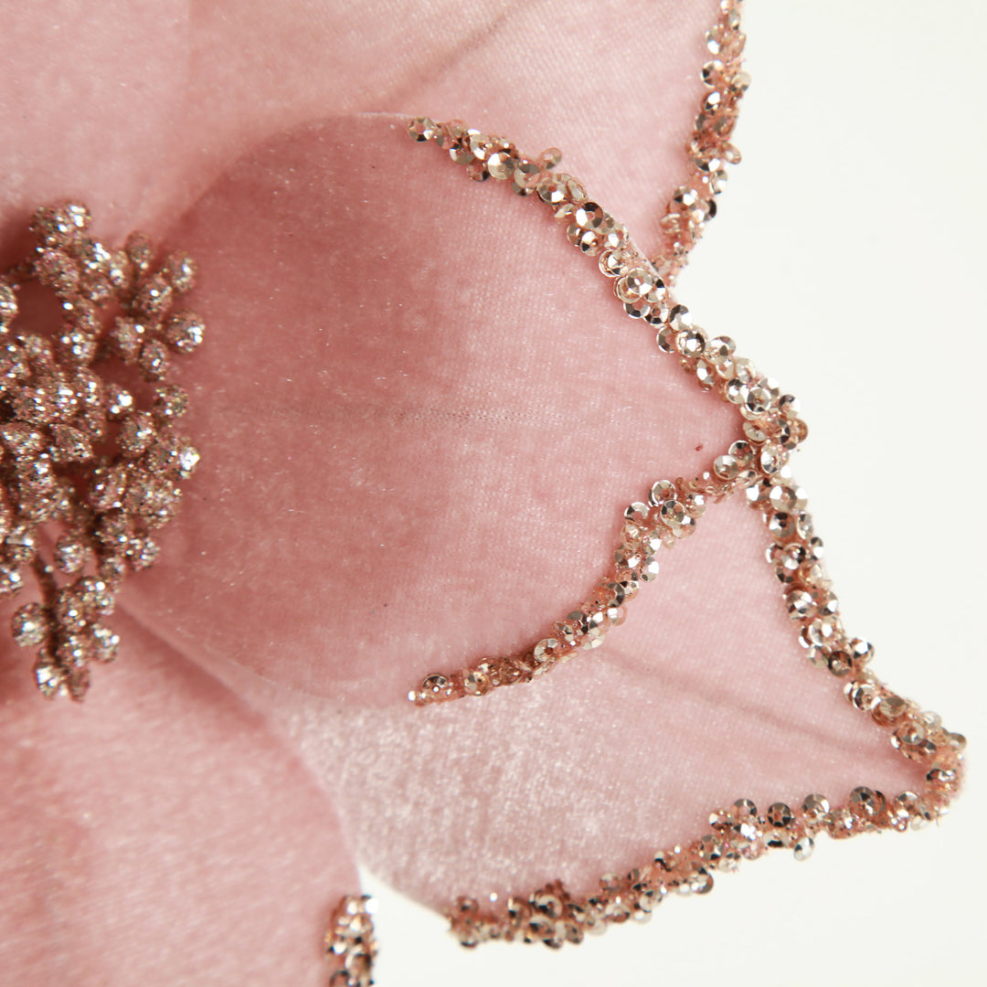 Pink Velour Poinsettia Flower Stem with Glitter Edge