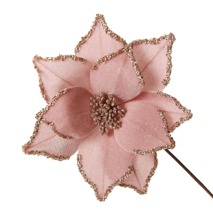 Pink Velour Poinsettia Flower Stem with Glitter Edge