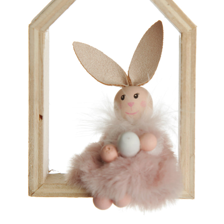 Pink Wood House Decoration with Bunny Inside