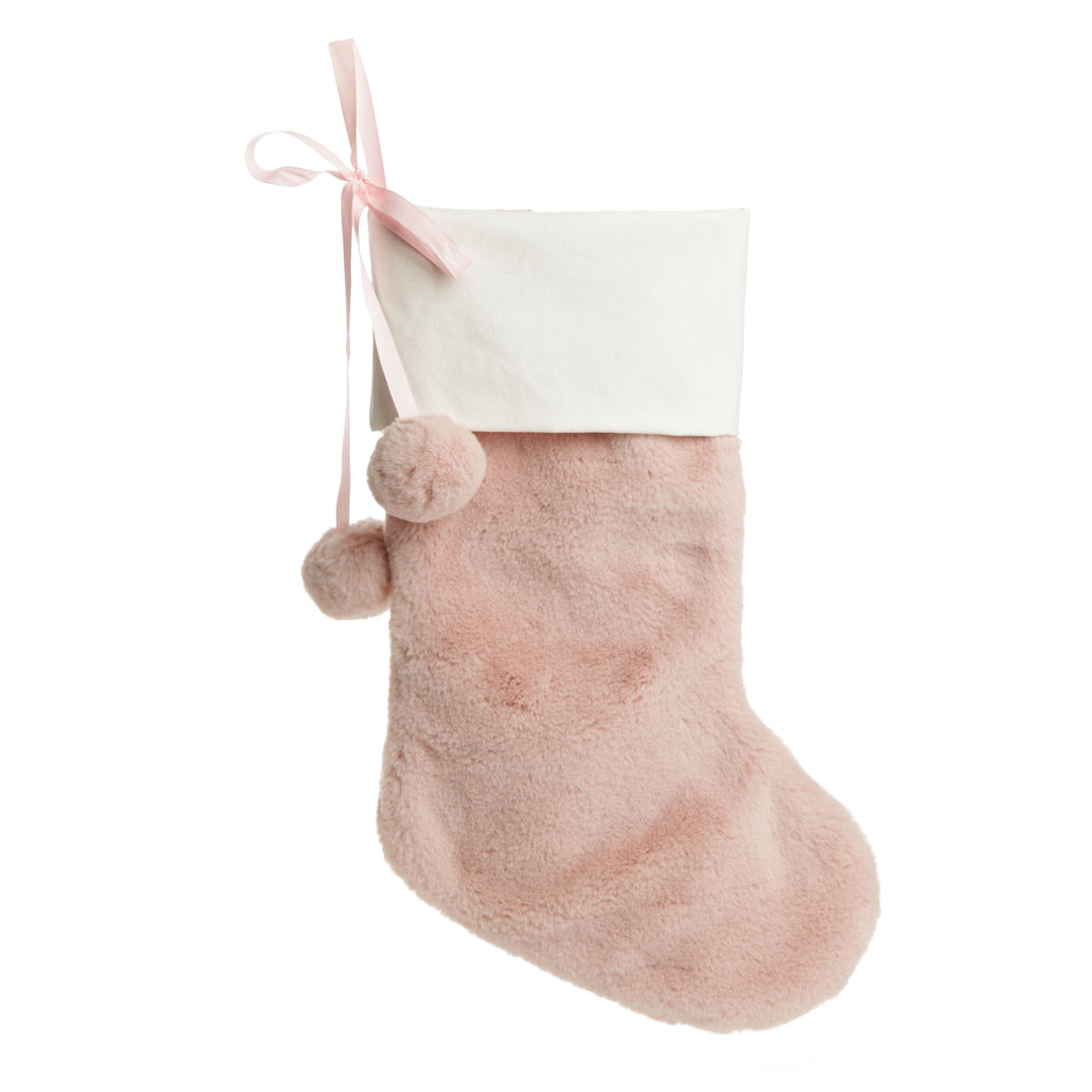 Personalised Pink Fur Christmas Stocking with Pom Poms