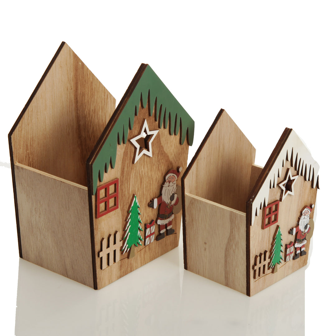 Medium and Small Plywood Winter Christmas Decorated House Open Box