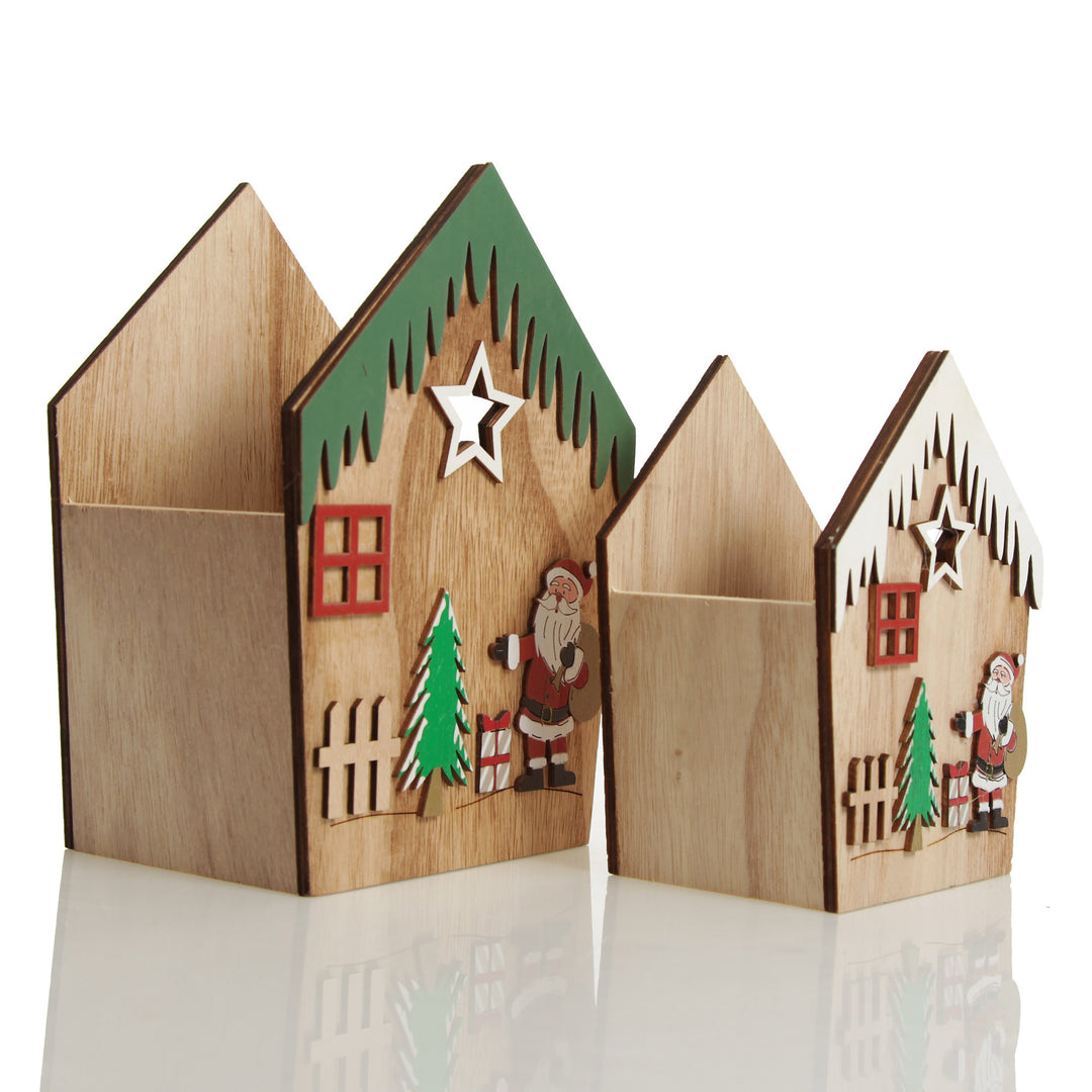 Medium and Small Plywood Winter Christmas Decorated House Open Box