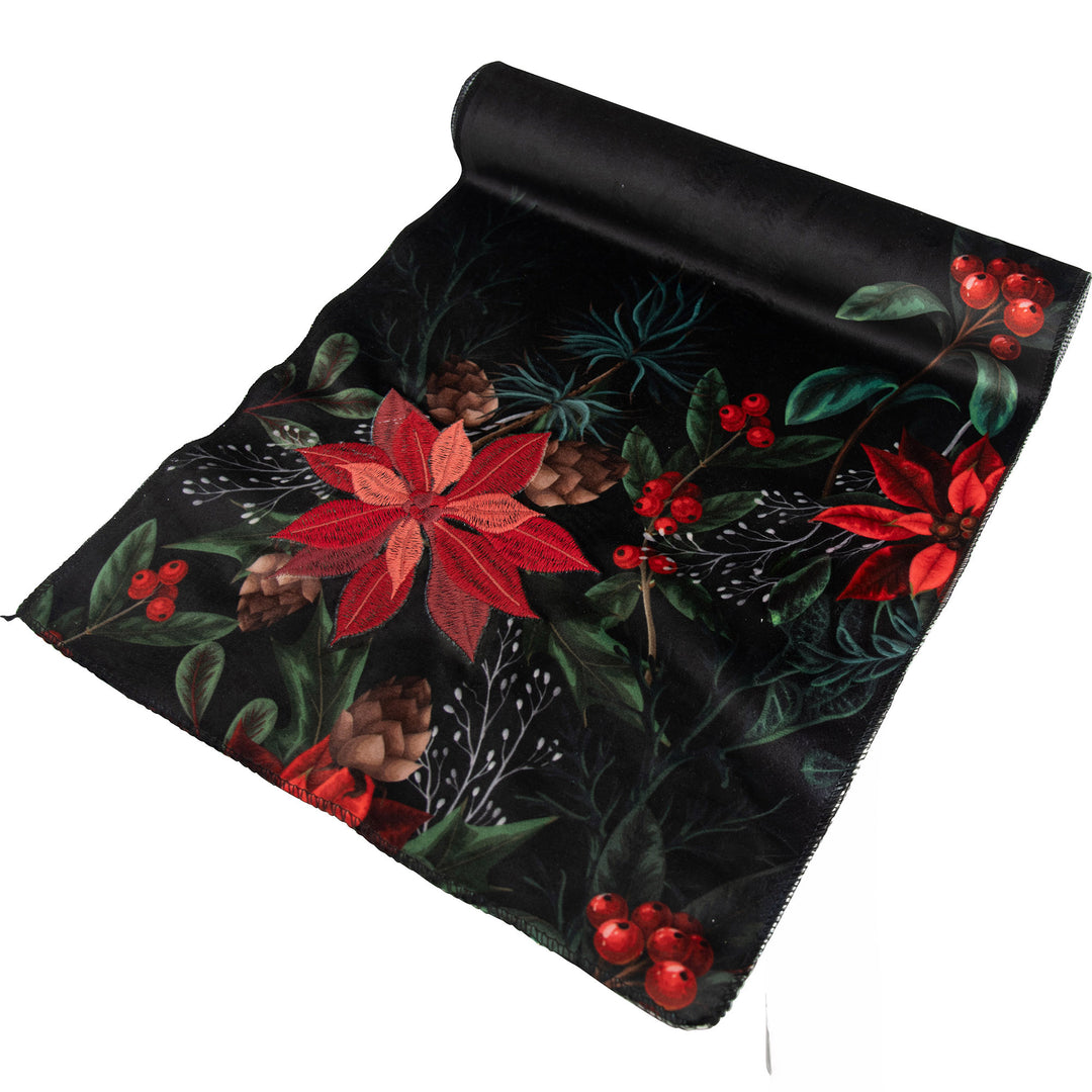 Poinsettia and Holly Luxe Velvet Table Runner - 2m