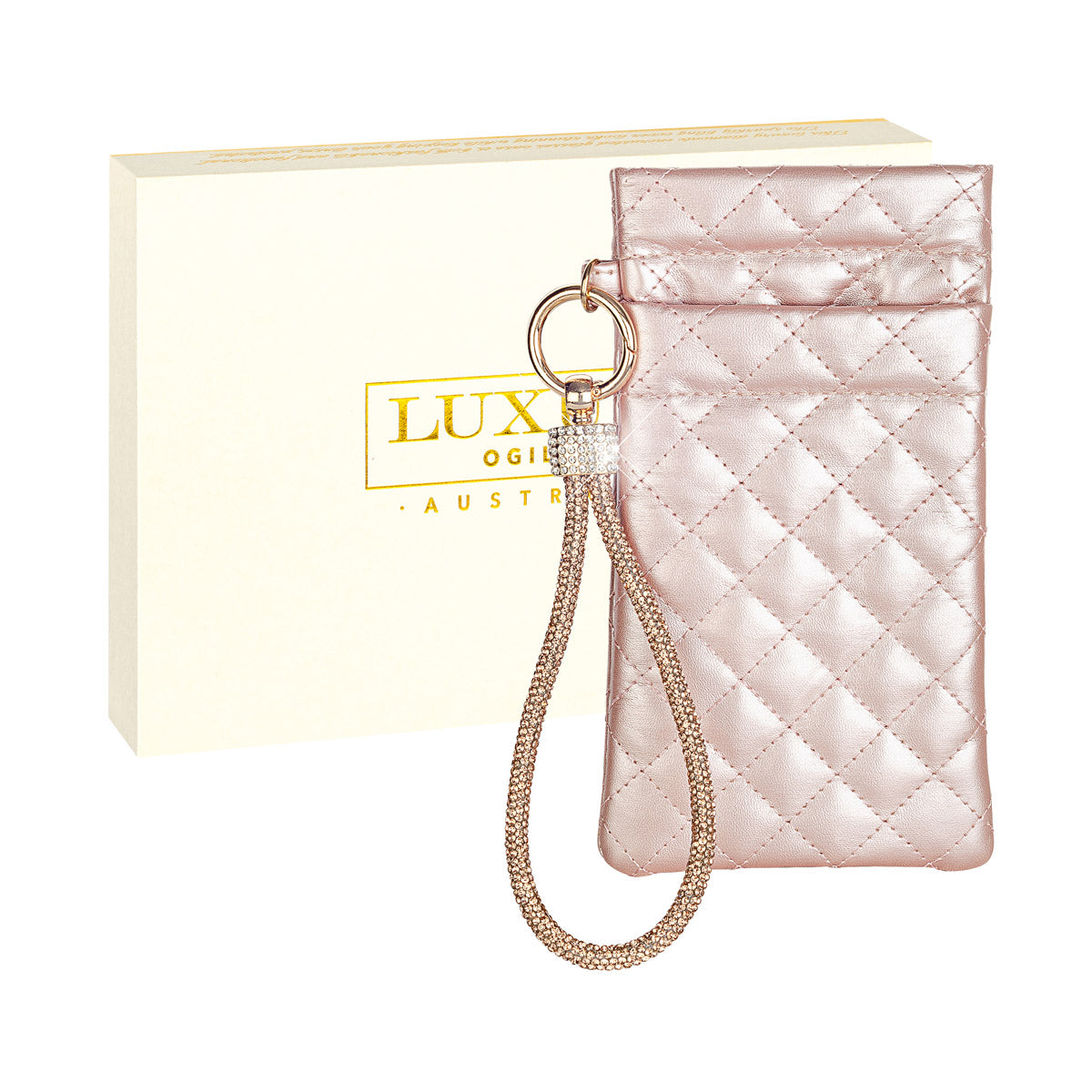 Silver Pouch with Rose Gold Diamonte Encrusted Wrist Strap