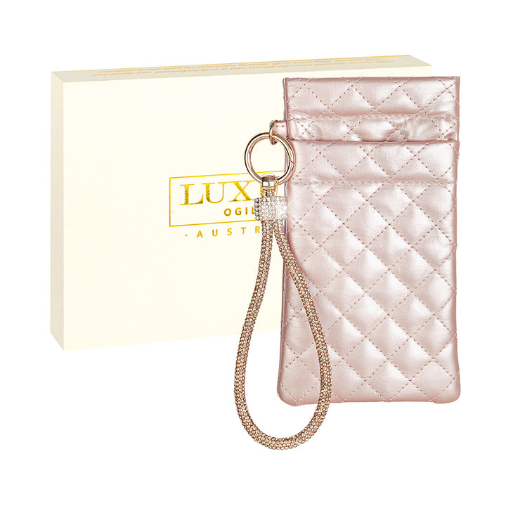 Silver Pouch with Rose Gold Diamonte Encrusted Wrist Strap