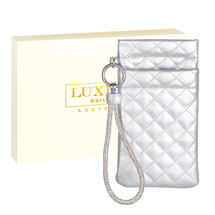 Silver Pouch with Silver Diamonte Encrusted Wrist Strap