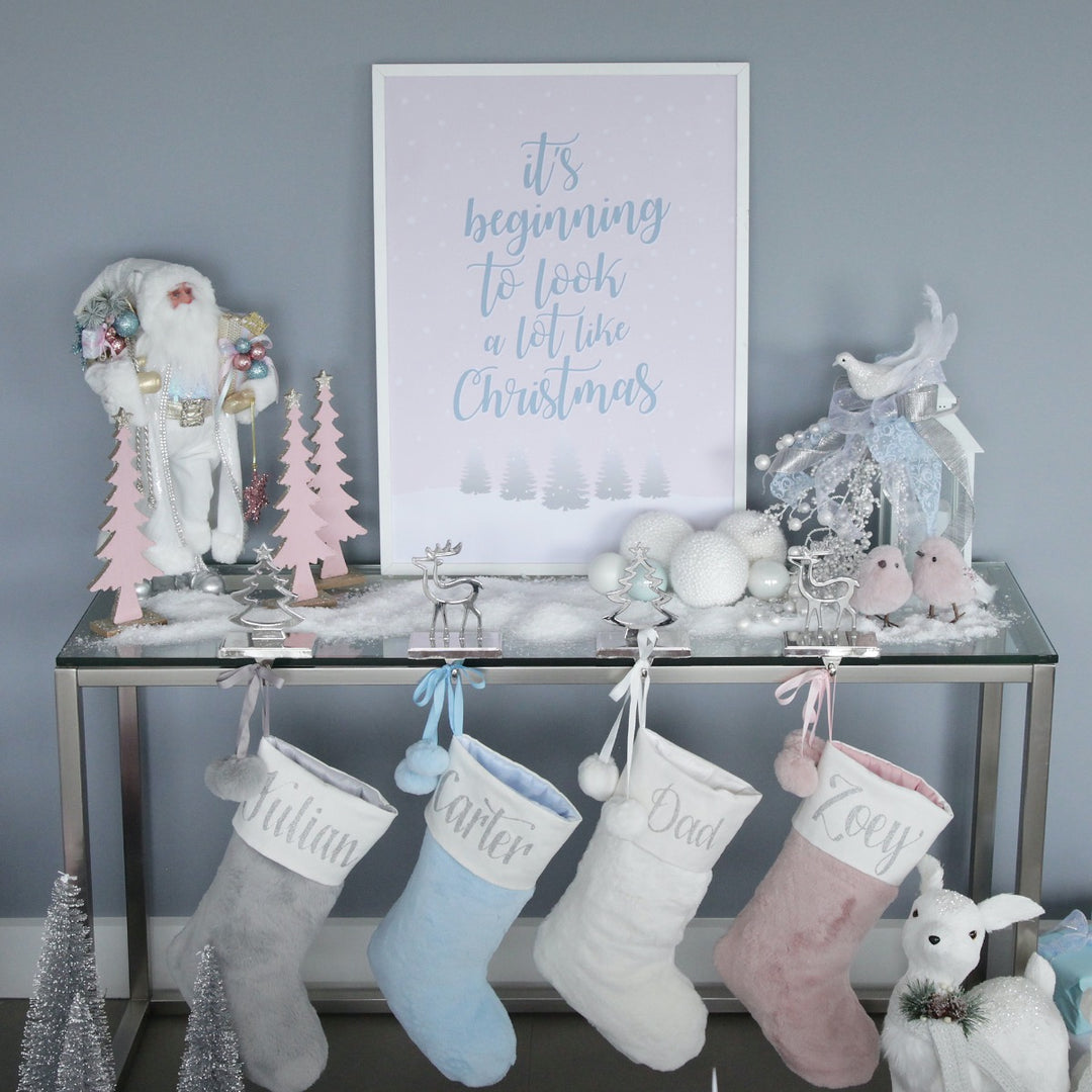 Personalised Blue Fur Christmas Stocking with Pom Poms