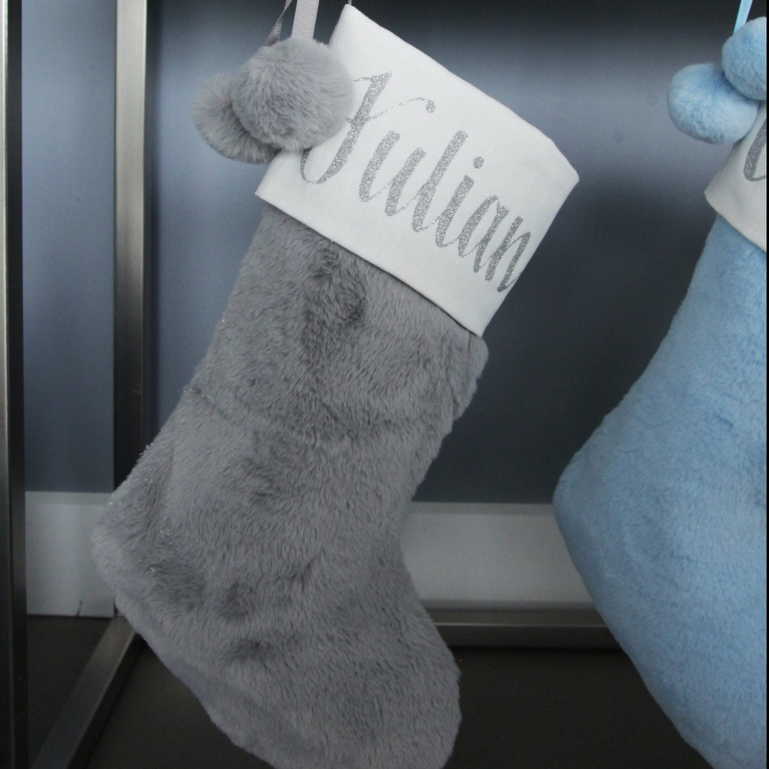 Personalised Grey Fur Christmas Stocking with Pom Poms