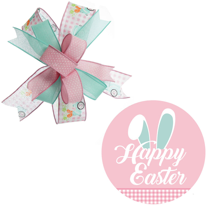 Pretty Pink Gingham Bunny Ears Easter Plaque and Bow Set